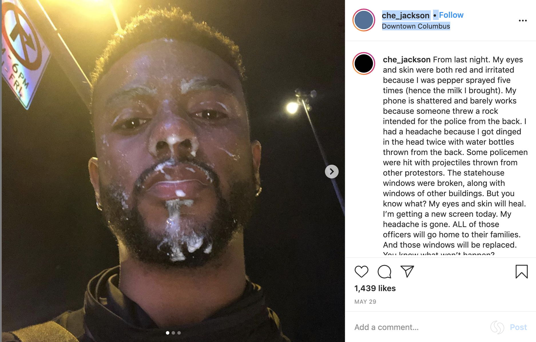 Che Jackson's Instagram post after he was pepper sprayed during a protest