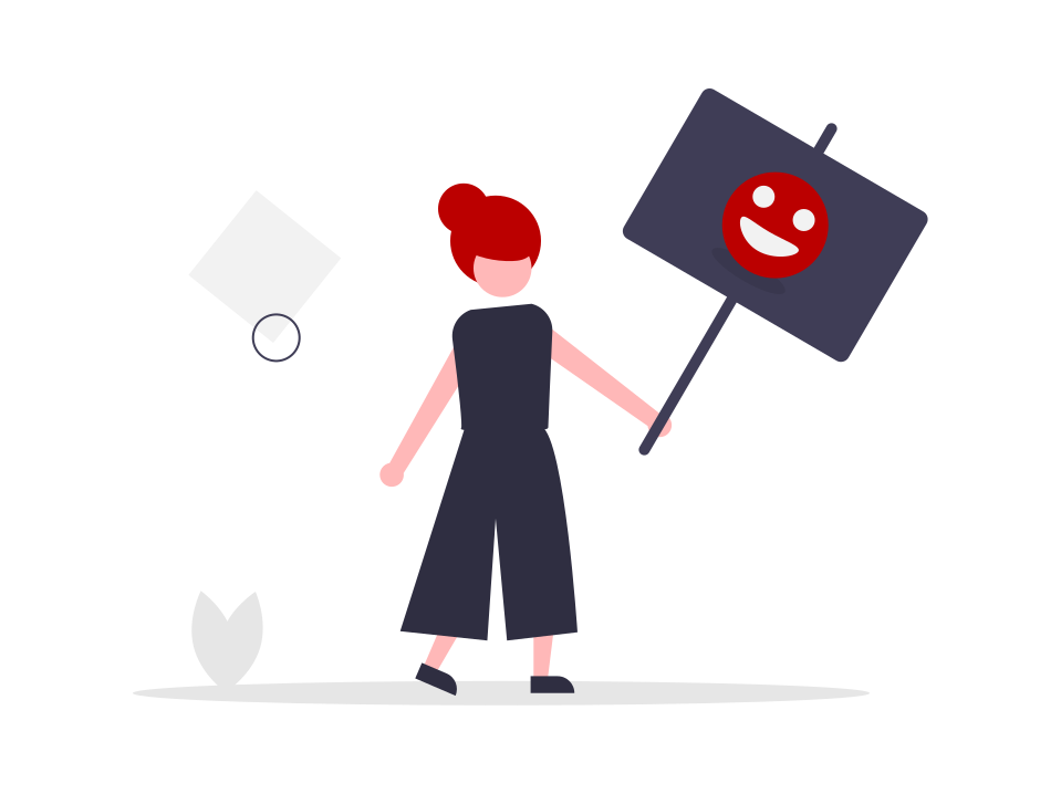 Illustration of red-haired woman holding a sign with a happy face emoji on it