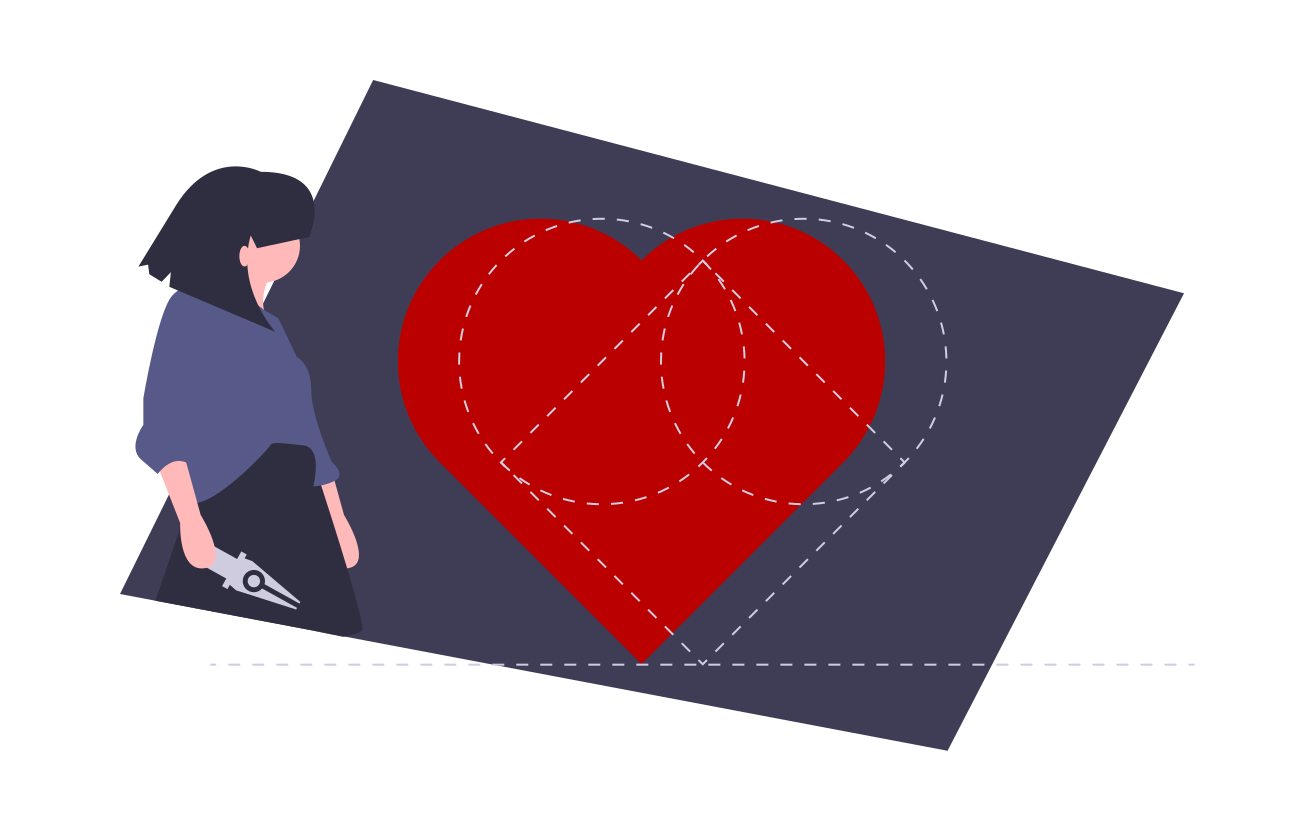 Illlustration of a woman holding a compass, solid red heart and dotted-lined shapes that form a second heart