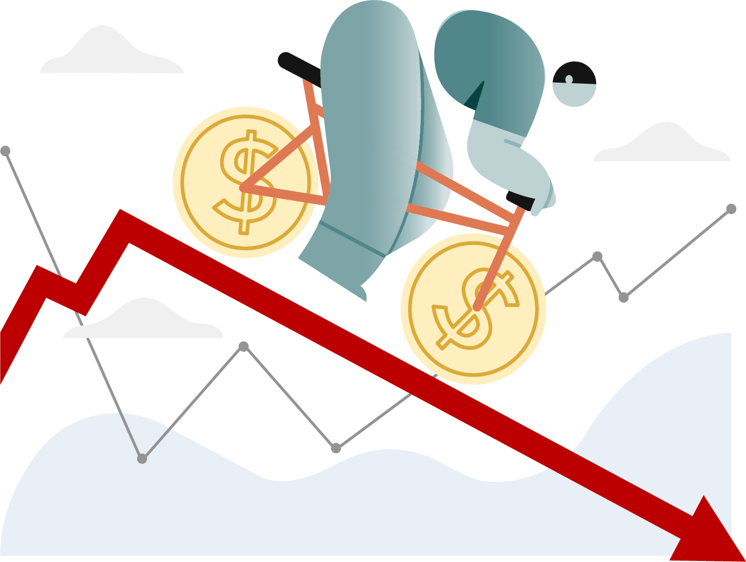 Illustration of bike rider riding down a line graph