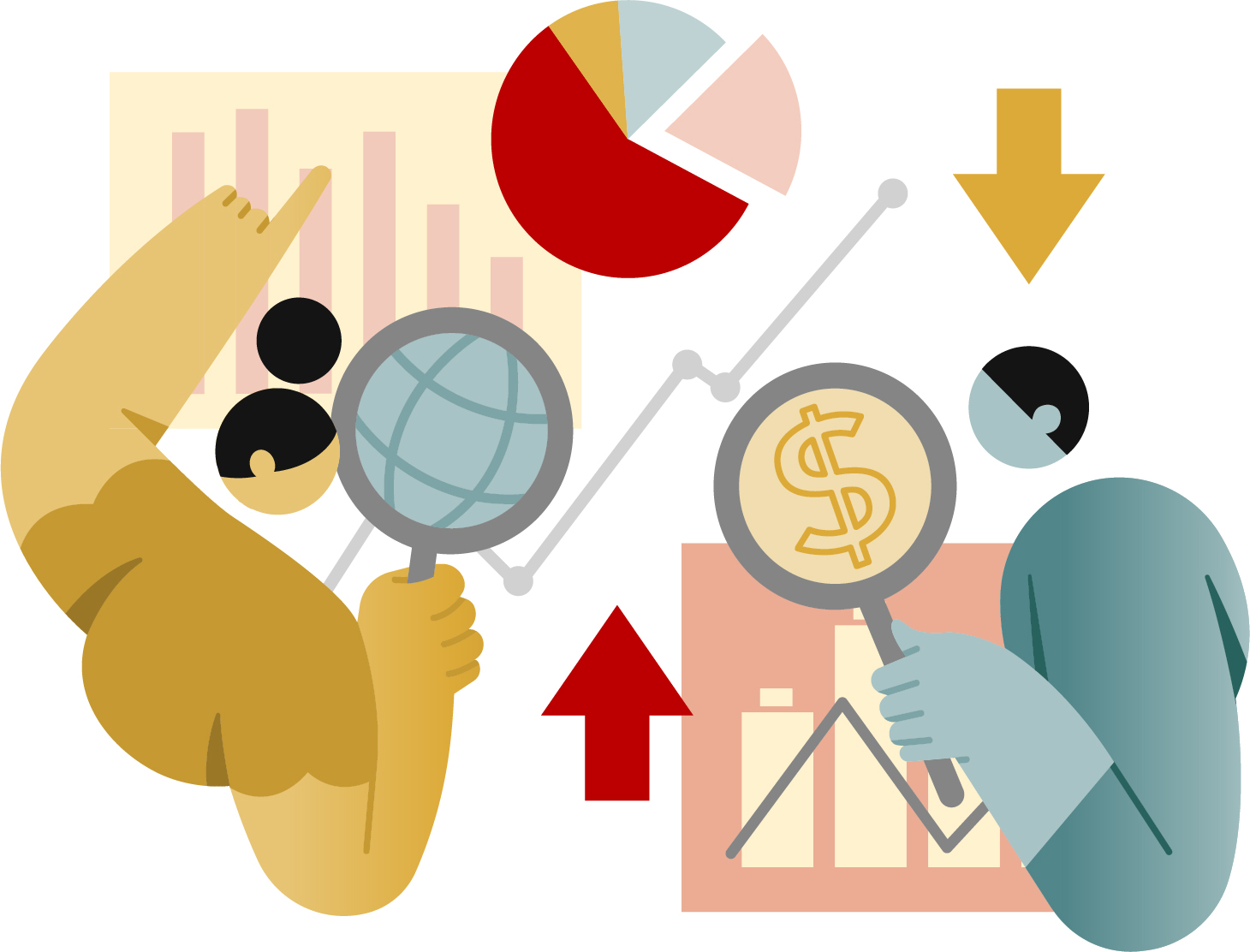 Illustration of two people using magnifying glasses to analyze charts