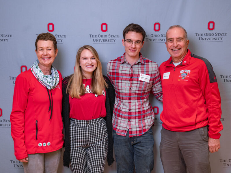Cathy Sankey (left) and her 2019 scholarship recipient Olivia Secrest from Belpre, a small town near Marietta, Ohio, along with Jeff Sankey (right) and his 2019 engineering scholarship recipient Nathan Jackson.