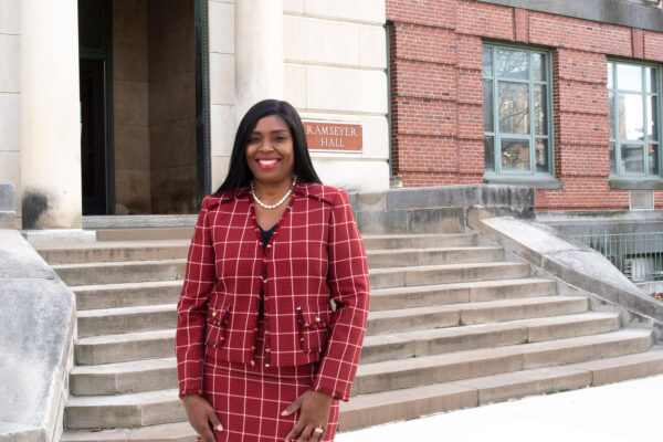 Terina Matthews-Davis, ’96 MA, of Charlotte, North Carolina, at Ramseyer Hall, the site of many of her master’s courses. She is senior vice president and head of the Corporate and Investment Bank Program Management, Diversity, Equity and Inclusion, Wells Fargo.