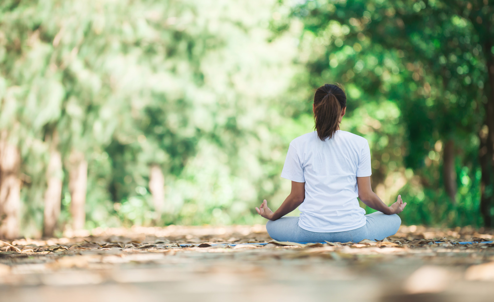 Young woman meditating in the woods