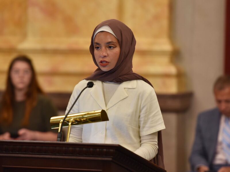 Noor Alexandria Abukaram speaking at the Statehouse