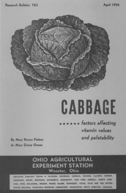 Cover page of a research paper titled "Cabbage: Factors Affecting Vitamin Values and Palatability" from 1954