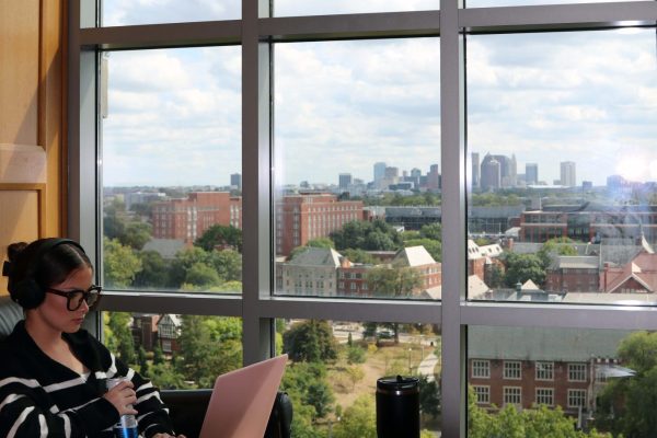 Ohio State library with a view of downtown Columbus